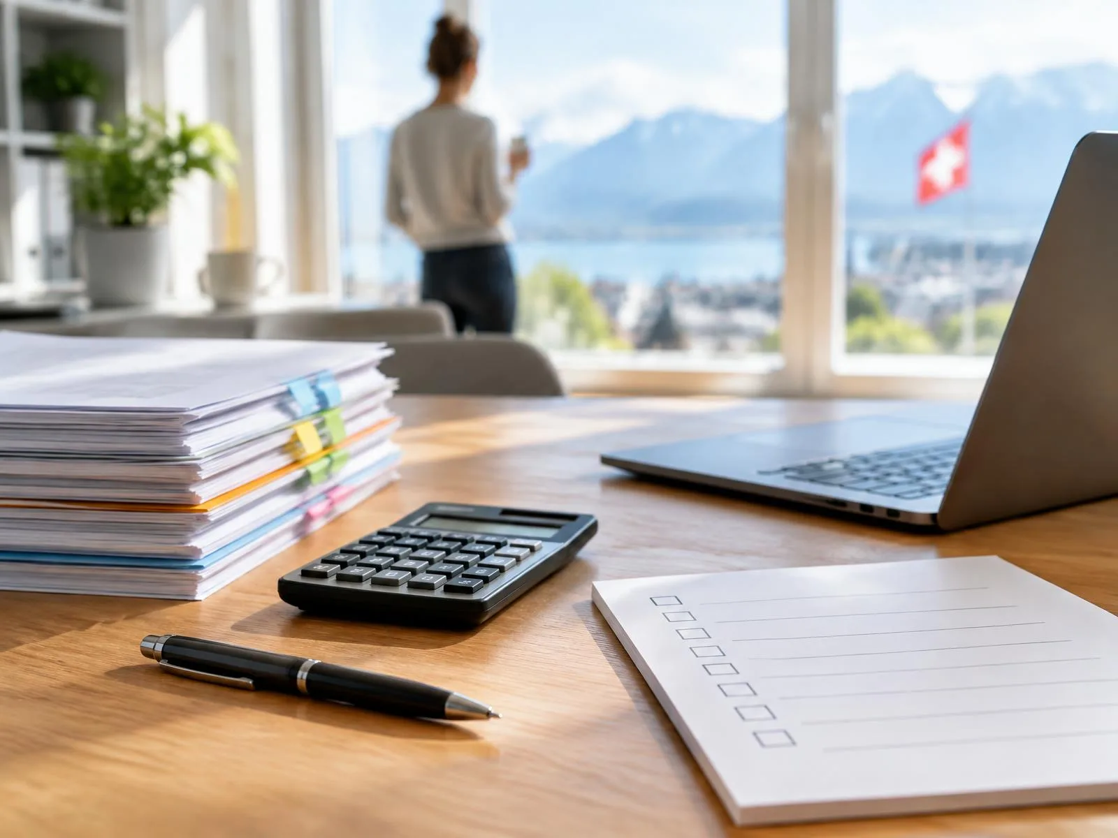 Schreibtisch mit Steuerformularen, Checkliste, Taschenrechner und Laptop in hellem Tageslicht