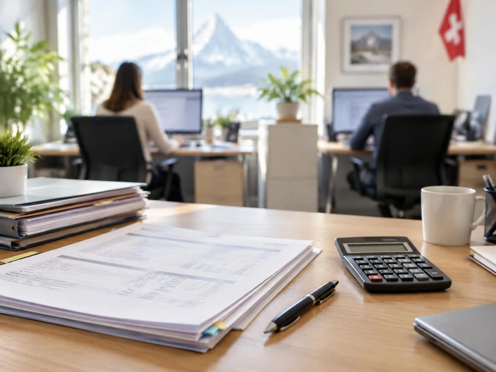 Kleines Schweizer Büro mit zwei Arbeitsplätzen, Lohnunterlagen und Taschenrechner auf einem Schreibtisch